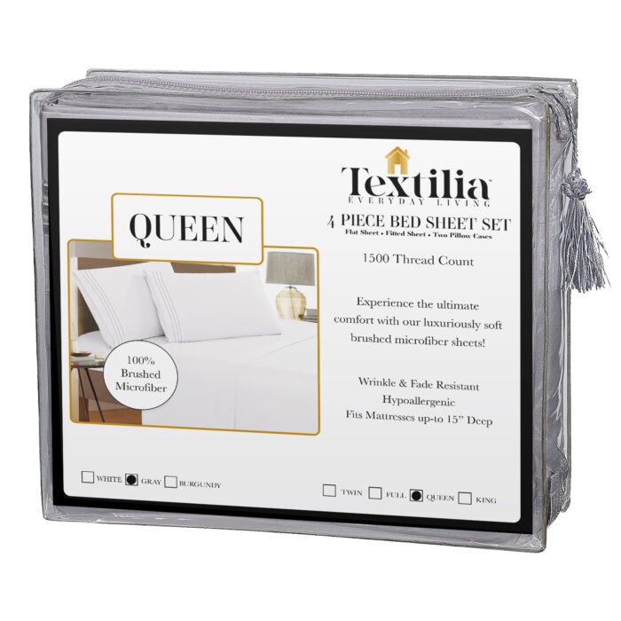 Textilia™ Queen Size 4 Piece Bedsheet Set - Gray Packaging