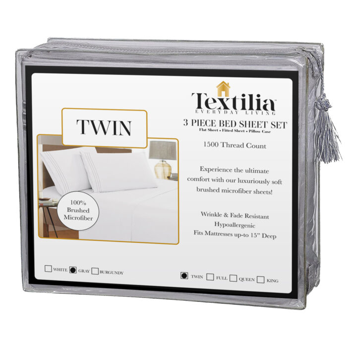 Textilia™ Twin Size 3 Piece Bedsheet Set - Gray Packaging