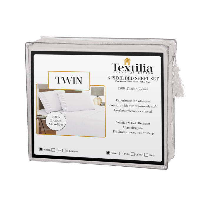 Textilia™ twin Size 3 Piece Bedsheet Set - White Packaging